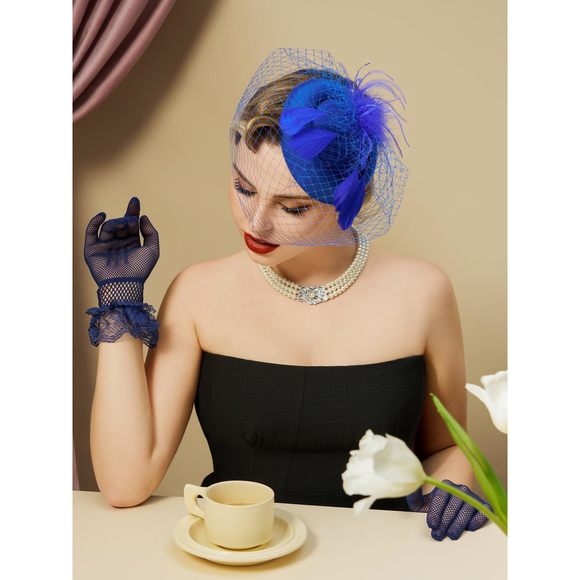 Fascinators Pillbox Hats For Women, Tea Party Hat And Short Lace Glovess Set🐧 - Picture 3 of 6